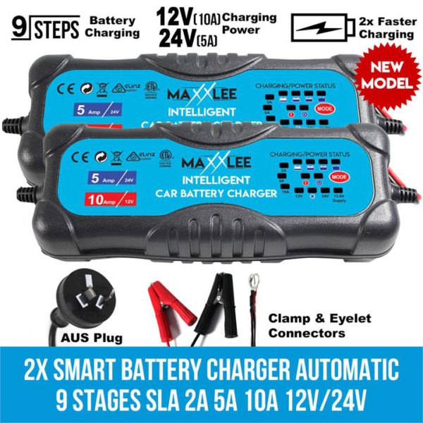 2x Smart Battery Charger Automatic 9 Stages SLA 2A 5A 10A 12V/24V Caravan 4WD