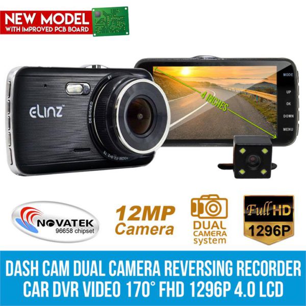 Elinz 4.0" LCD Car Dash Cam Dual Camera Reversing 1296P FHD DVR Video Recorder 170