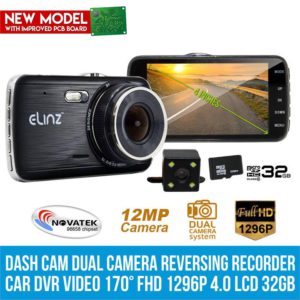 Elinz 4.0" LCD Dash Cam Dual Camera Reversing Car 1296P FHD DVR Video 170 32GB