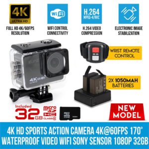 Elinz 4K HD Sports Action Camera 4K@60FPS 170 Waterproof Video WiFi Sony Sensor 1080P 32gb